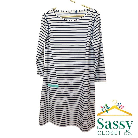 Cabana Life Long Sleeve Dress White Navy Stripe Pocket Women’s Size L Coast EUC - Picture 1 of 7